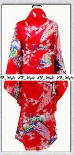 Red Vintage Japanese Womens Silk/Polyester Kimono with Obi Haori 