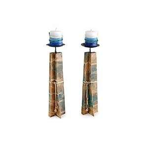 Mohena wood candleholders, Sky (pair) 