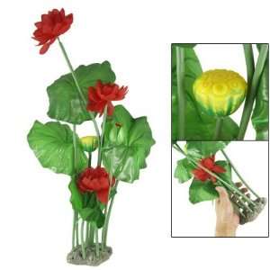   Artificial Red Lotus Green Leaf Plants w Ceramic Base