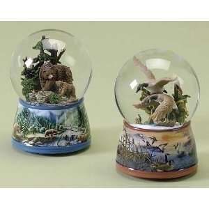 Set of 2 Brown Bear and Wild Geese Christmas Snow Globe Glitterdomes 