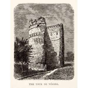  1894 Wood Engraving Tour De Vésone France Tower 