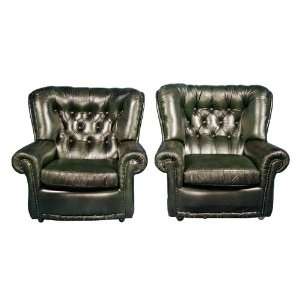  Pair of Antique Dukes Style Green Leather Arm Chairs