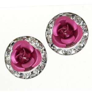  Pink Rose Flower with Rhinestones Round Earrings Jewelry