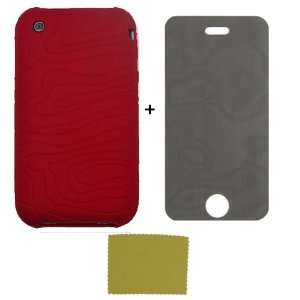 COMBO** Apple iPhone 3G, 3Gs Red Silicone Skin Case **WITH** PRIVACY 