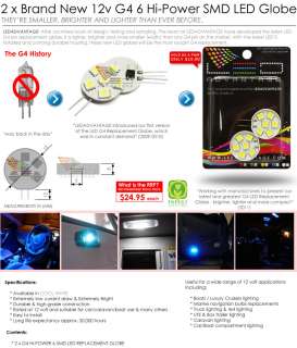 2x 12V 6 SMD LED G4 PIN GLOBE LIGHT MARINE/BOAT/CARAVAN  