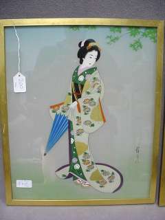 Old pair of Japanese oil on silk paintings # 07708  