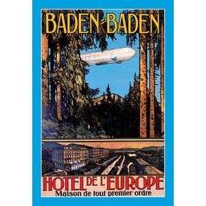 Vintage Art Baden Baden   Hotel de lEurope   Zeppelin Flies over the 