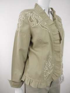 Womens jacket beige khaki 100% cotton Chicos M 2 embroidered paisley 