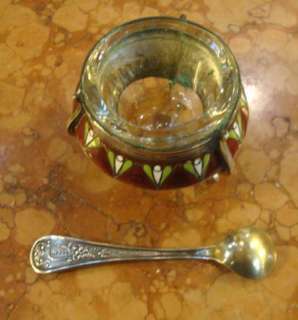 OLD RUSSIAN SILVER PLATED & ENAMEL SALT CELLAR WITH SPOON , FREE 