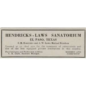 1926 Ad Hendricks Laws Sanitarium El Paso Texas TB   Original Print Ad 