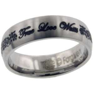 True Love Waits Floral Vine Cursive Text Stainless Steel Ring Size 7 