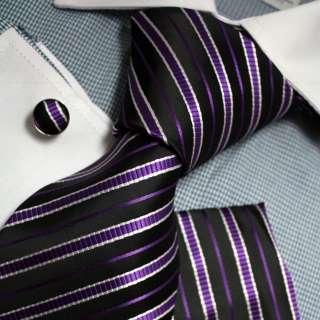 PH1091 purple striped silk neck tie cuff hanky Pointe  