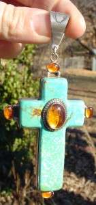 LARGE SIGNED DAVID TROUTMAN STERLING/TURQUOISE/AMBER CROSS PENDANT 
