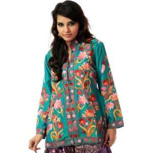  Turquoise Jacket from Kashmir with Ari Embroidered Flowers 
