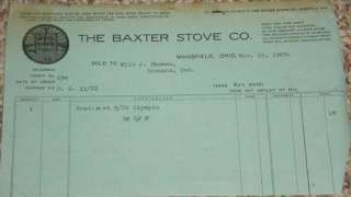 Baxter Stove Company Mansfield Ohio 1905 Billhead  