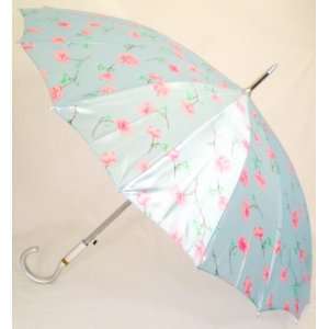 Beautiful Sixteen Rib Automatic Flower Umbrella, Light Blue With Pink 