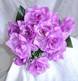 12 OPEN ROSES ~ LILAC LAVENDER ~ Soft Silk Wedding Flowers Bouquets 