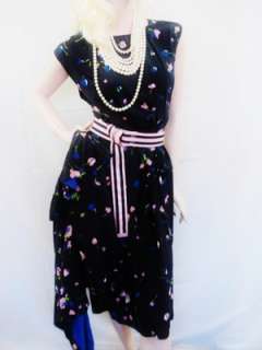 Navy Rose bud Silk 50s LG Wiggle Dress with Ruffle Collar Jacket 