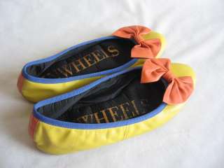 VTG 80s BALLET FLATS w/ BOWS Yellow & Orange Leather~SZ 8 Pinwheels 