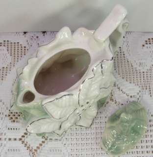 Porcelain White Poinsettia TeaPot Mint Green Leaves Christmas Tea Pot 