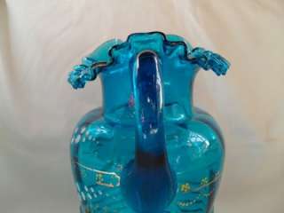Lovely deep aqua antique Victorian handpainted lemonade pitcher with 