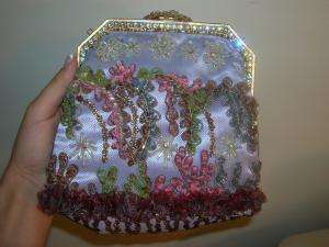 LARISA BARRERA Lilac Satin Colorful Beaded Evening Bag  