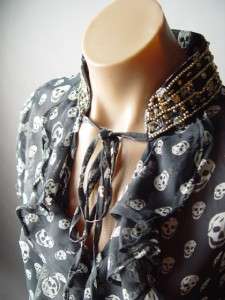SHEER Chiffon Glam Rock Skull Print Elegant Ruffled Beaded Collar Top 