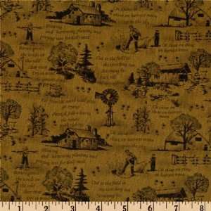  45 Wide Harvest Moon Farm Scene Dark Olive Fabric By The 