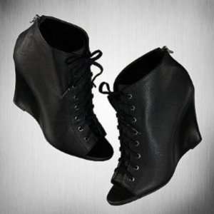   Womens Black Peep Toe Lace Up Wedge Booties Size 8 
