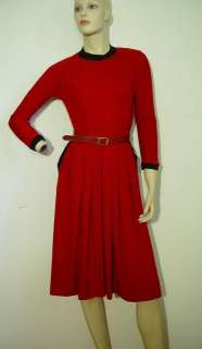 Vintage 40s 50s Dark Red Knit Pleat Front Dress Pockets Career Dinner 