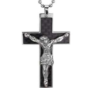 Stainless Steel Black Carbon Fiber Crucifix Cross with Jesus Christ 