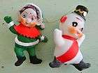 Vtg 50s Christmas Flocked Plastic Ornaments Elf Pixie & Snowman Retro 