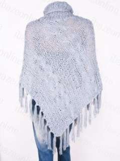 New Fringes Turtleneck Poncho Cable Knit Sweater Top  