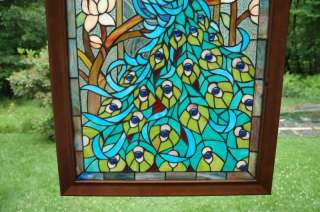 Tiffany Sty stained glass peacock window panel,23x36.5  