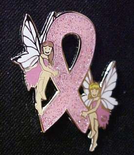 Breast Cancer Glitter Pink Ribbon Fairies Pin Tac New  