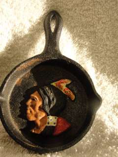 SMALL 3 LEGGED CAST IRON FRY PAN WITH,INDIAN, IRON ART  