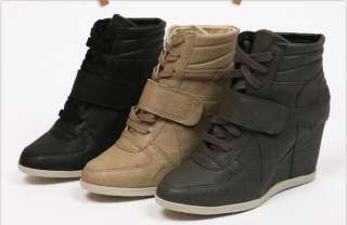 Women Wedge High Heels High Top Sneakers Tennis Shoes Black/Beige/Gray 