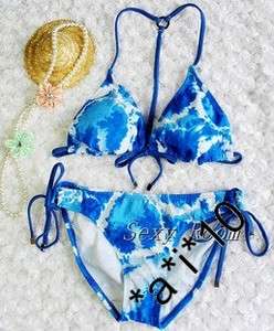  Billabong Ocean Blue Wave Pattern Halter Bikini Swimsuit T Back Design