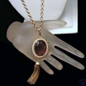   Vintage Necklace Victorian Revival Large Purple Glass Pendant Tassels