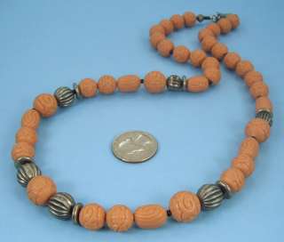 Silver Tone Bead Tan Mold Lucite Beaded Necklace  