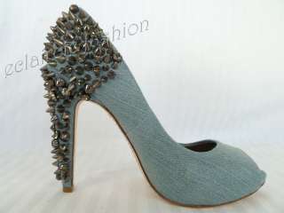 SAM EDELMAN Lorissa Spike Blue Denim Studded Peep Toe Pumps Shoes US 6 