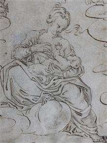17 century ink on lead paper Flemish drawing mother and child  