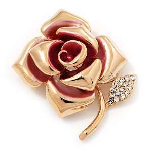  Gold Plated Crystal Rose Brooch (Pink & Clear) Jewelry