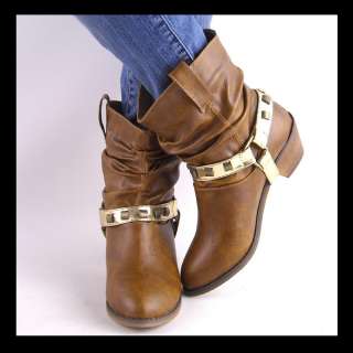 NEW TAN SLOUCH HARNESS COWGIRL ANKLE BOOTS  