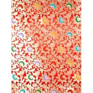 Red Floral Brocade Fabric Hand woven in Banaras   Pure Silk Handloom 