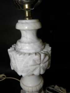   PAIR OF ALABASTER MARBLE HAND CARVED FLOWERS URN BOUDOIR LAMPS  