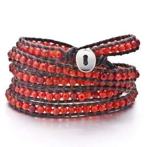 Stunning Indian Red Agate Bead Wrap Bracelet On Brown Leather Chip 