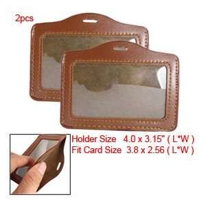  Brown Faux Leather Business ID Badge Card Holder 2Pcs 