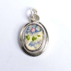 Broken China Jewelry Blue Forget Me Not Flowers Sterling Silver Charm 