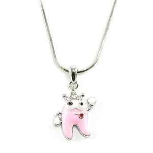  Super Cute Pink Crowned Tooth Fairy Charm Necklace Silver 